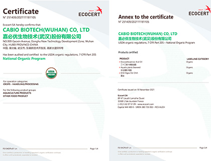 CABIO receives USDA Organic certification for its Docosahexaenoic Acid Algae Oil